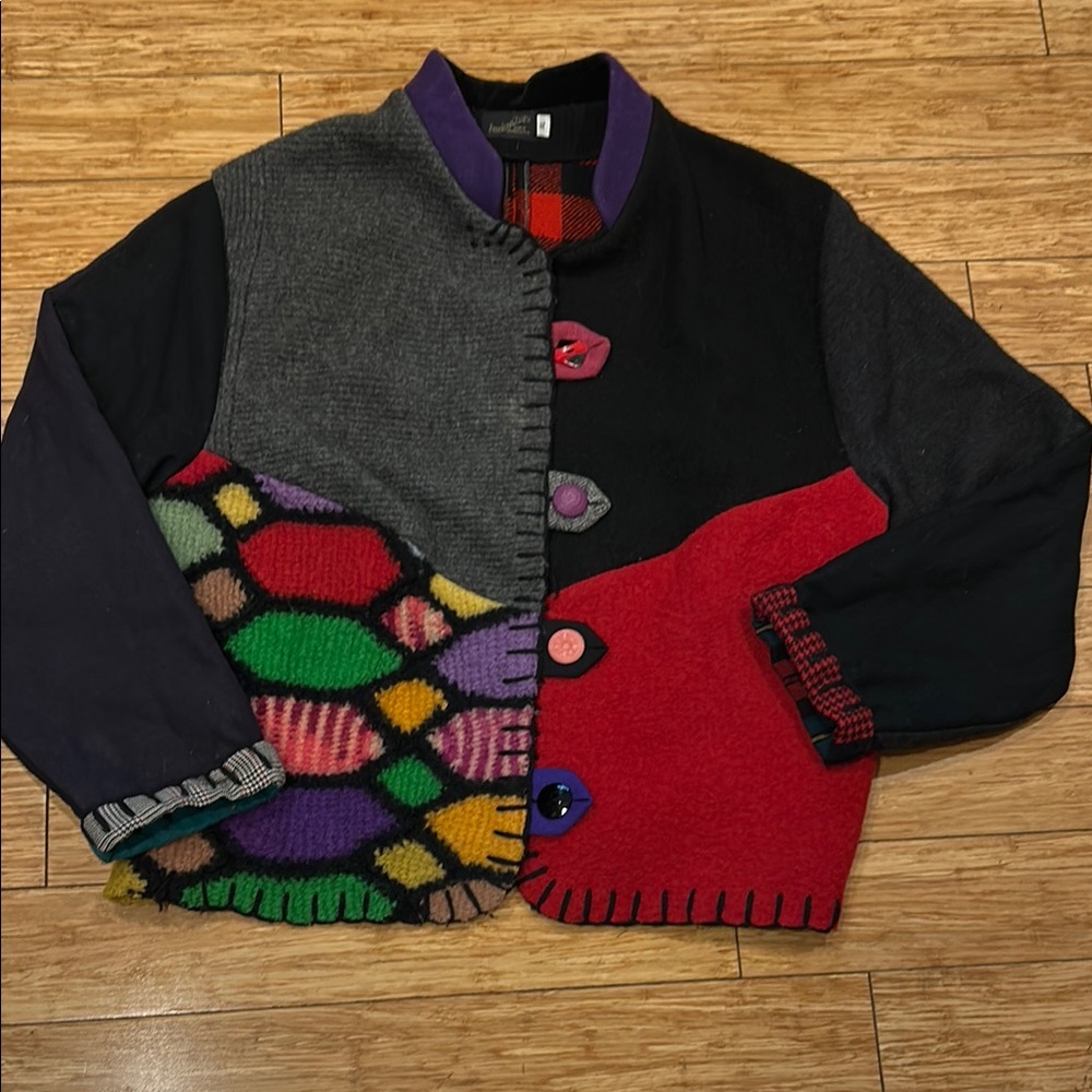 Vintage Baabaazuzu Eclectic Grandpa Cottagecore Patchwork Wool Sweater Jacket XL